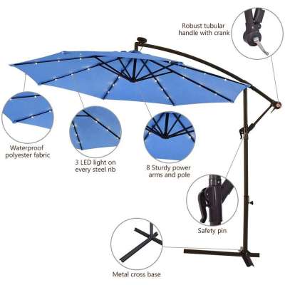 3M Outdoor LED Parasol Patio Solar Sun Shade Garden Banana Cantilever Hanging Umbrella