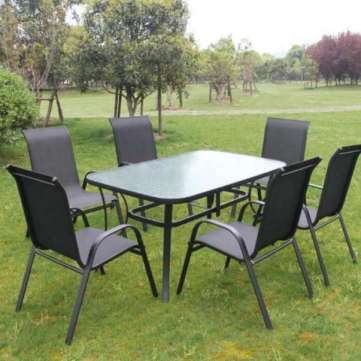 7 Piece Modern Metal Steel Outdoor Patio Conversation Dining Tables and Sling Chairs Patio Garden Furniture Set